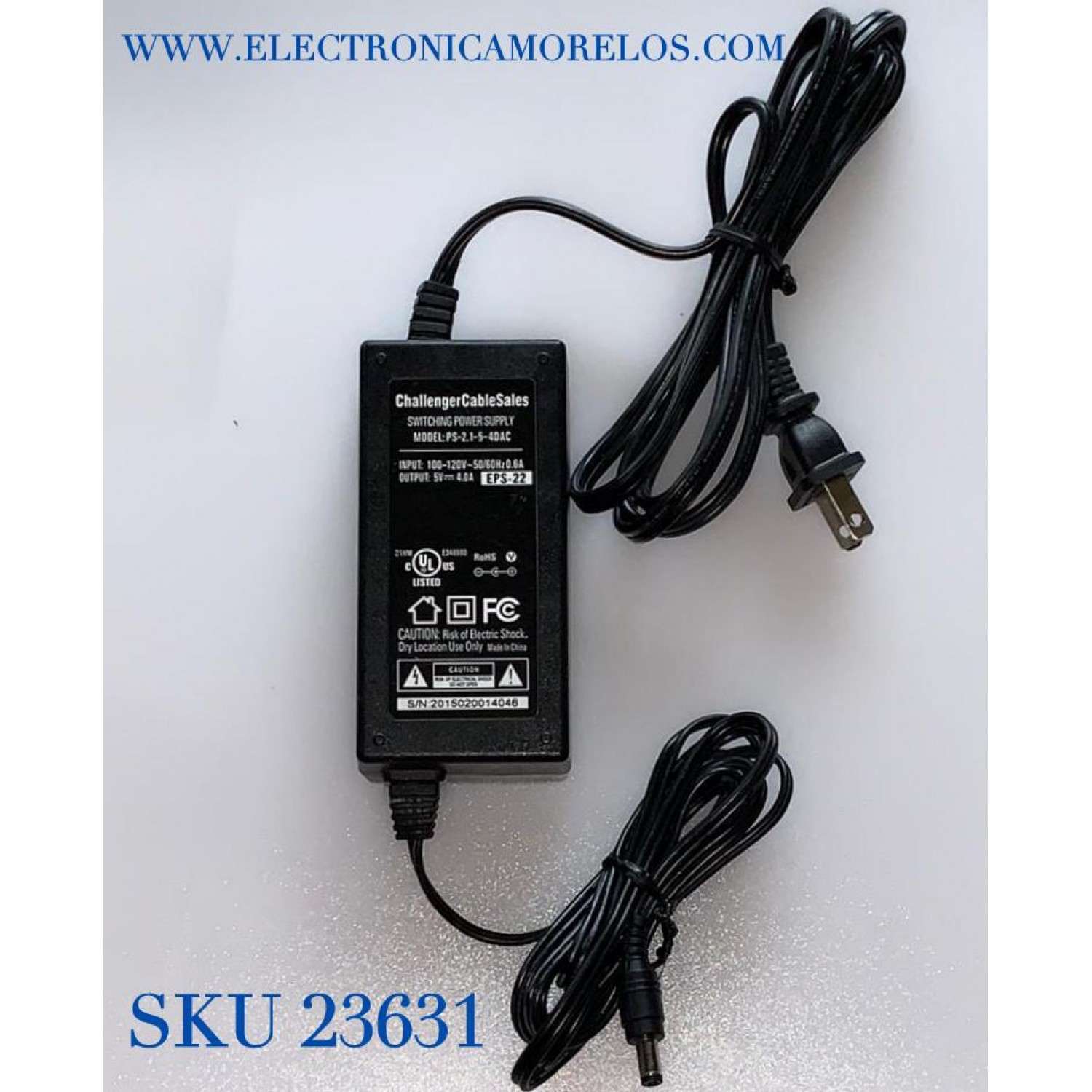 ADAPTADOR CHALLENGER VCA EPS-22 / NUMERO DE PARTE EPS-22 / MODELO PS-2.1-5-4DAC / ENTRADA VCA 100-120V～50-60Hz .6A / SALIDA VCD 5V-4A